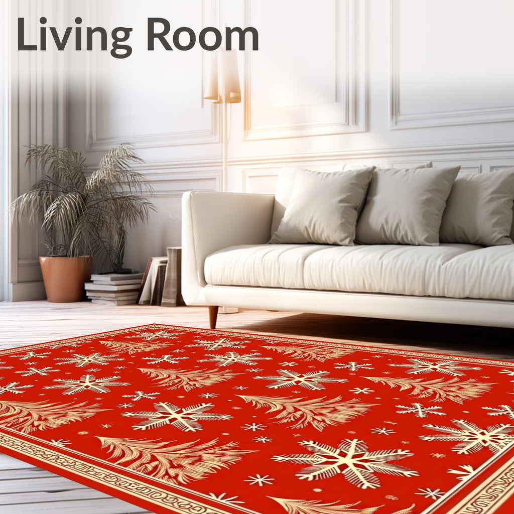 Crimson Snowflakes Fir Tree Border Rug