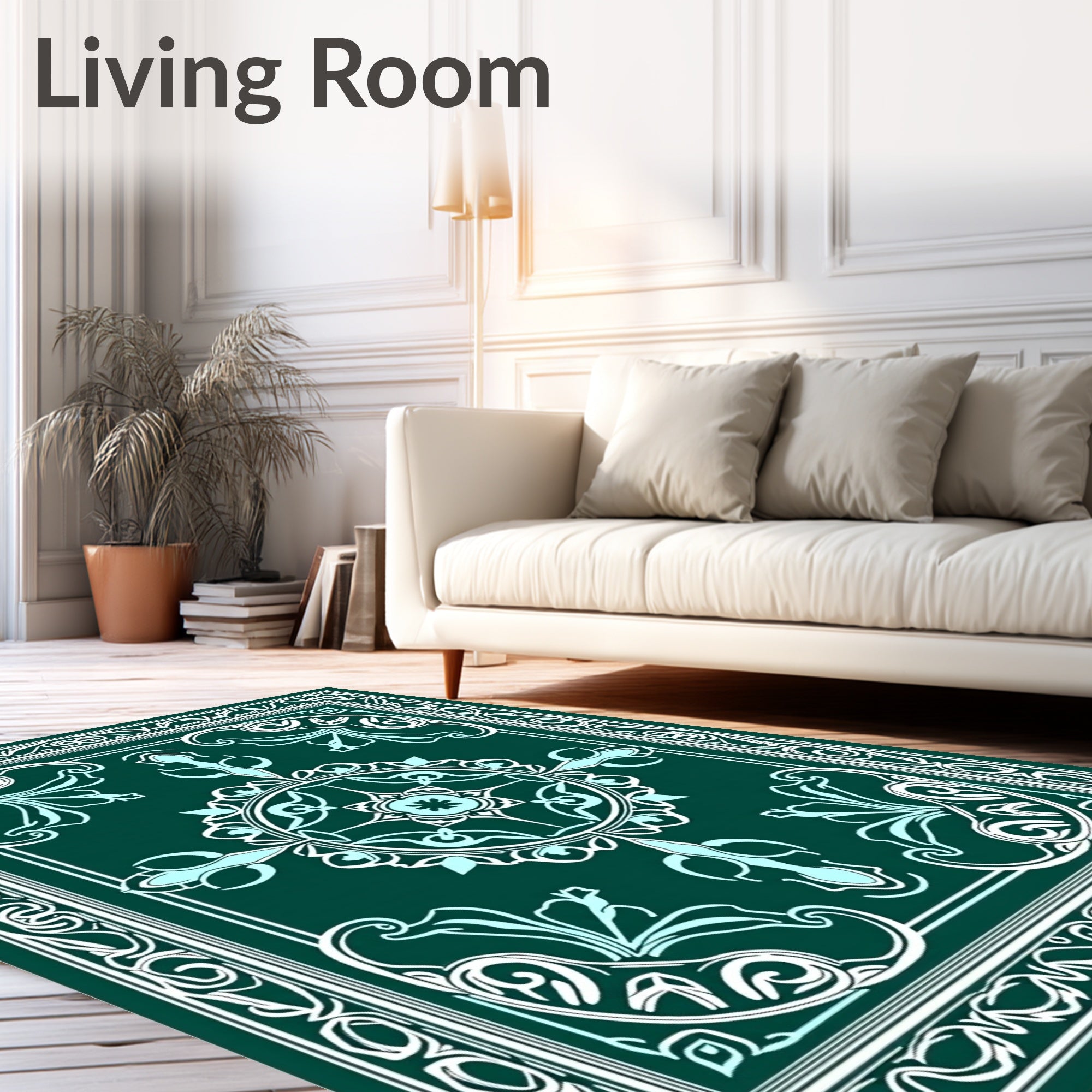 Teal White Vintage Floral Scroll Rug