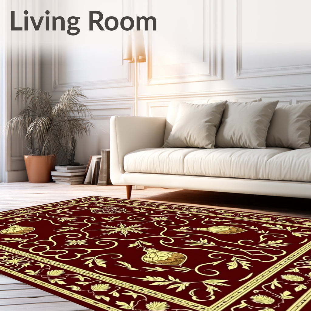 Rich Burgundy Golden Ornament Garland Rug