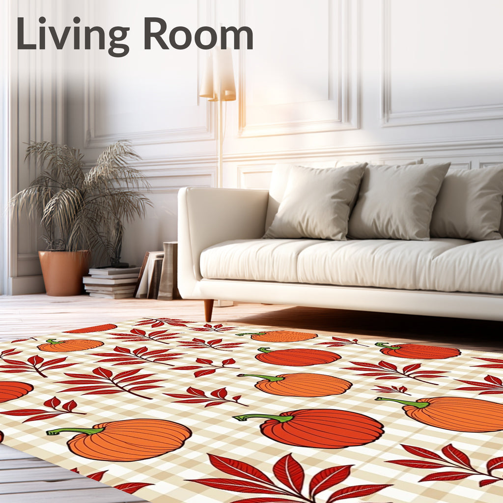 Orange Pumpkin Red Leaf Plaid Rug