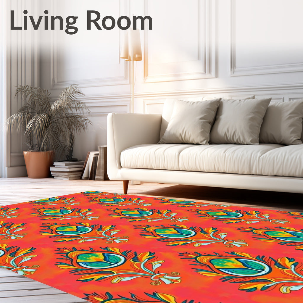 Vibrant Coral Floral Droplet Rug