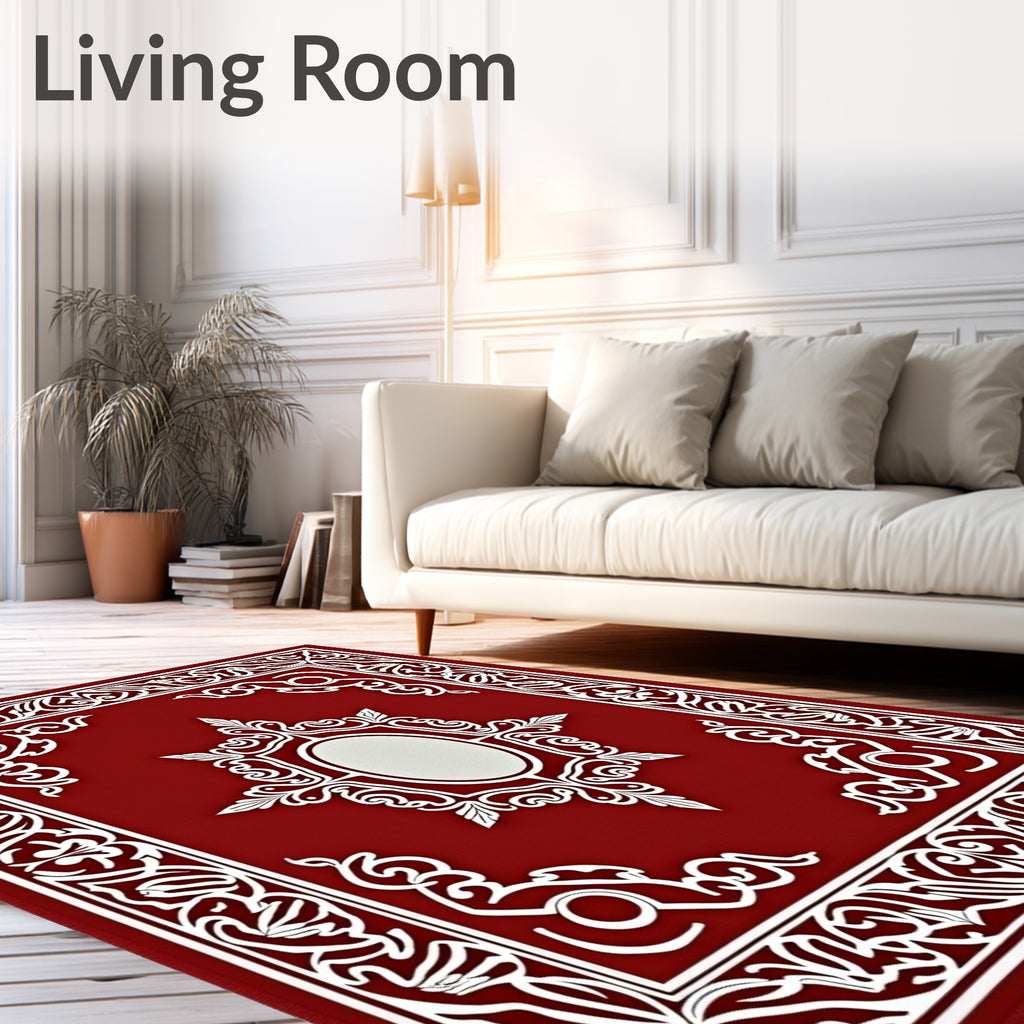 Vibrant Red White Filigree Medallion Rug