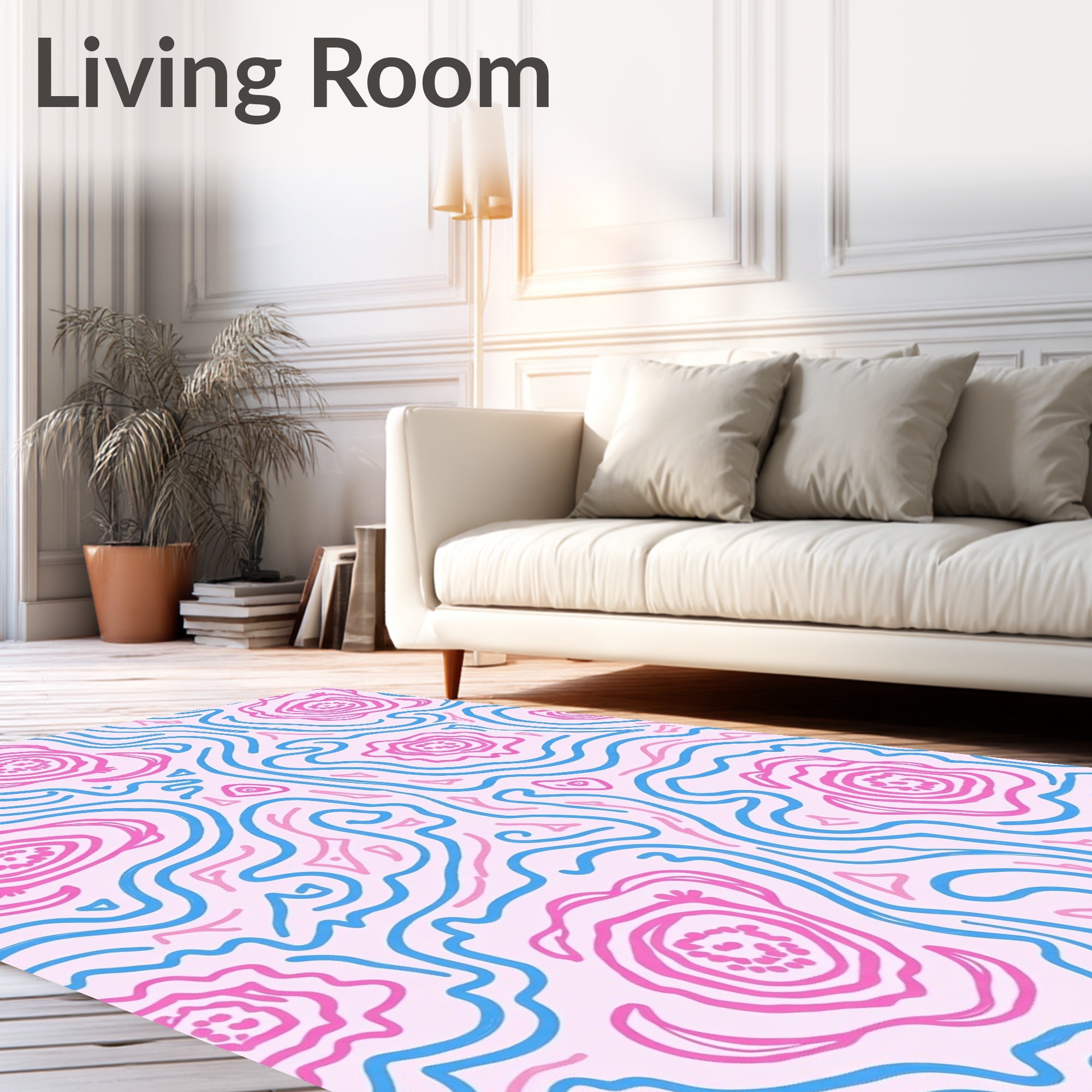 Pink Blue Wavy Floral Swirl Rug