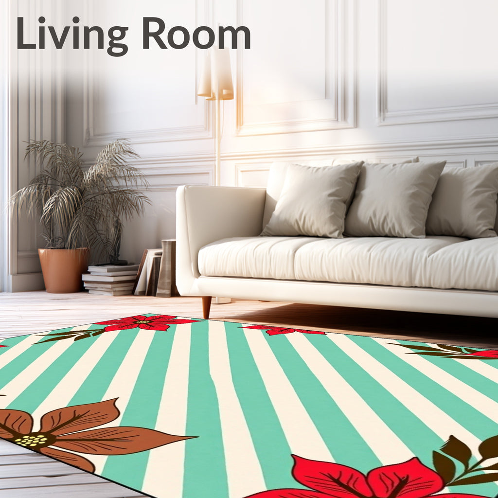 Striped Aqua Floral Border Rug