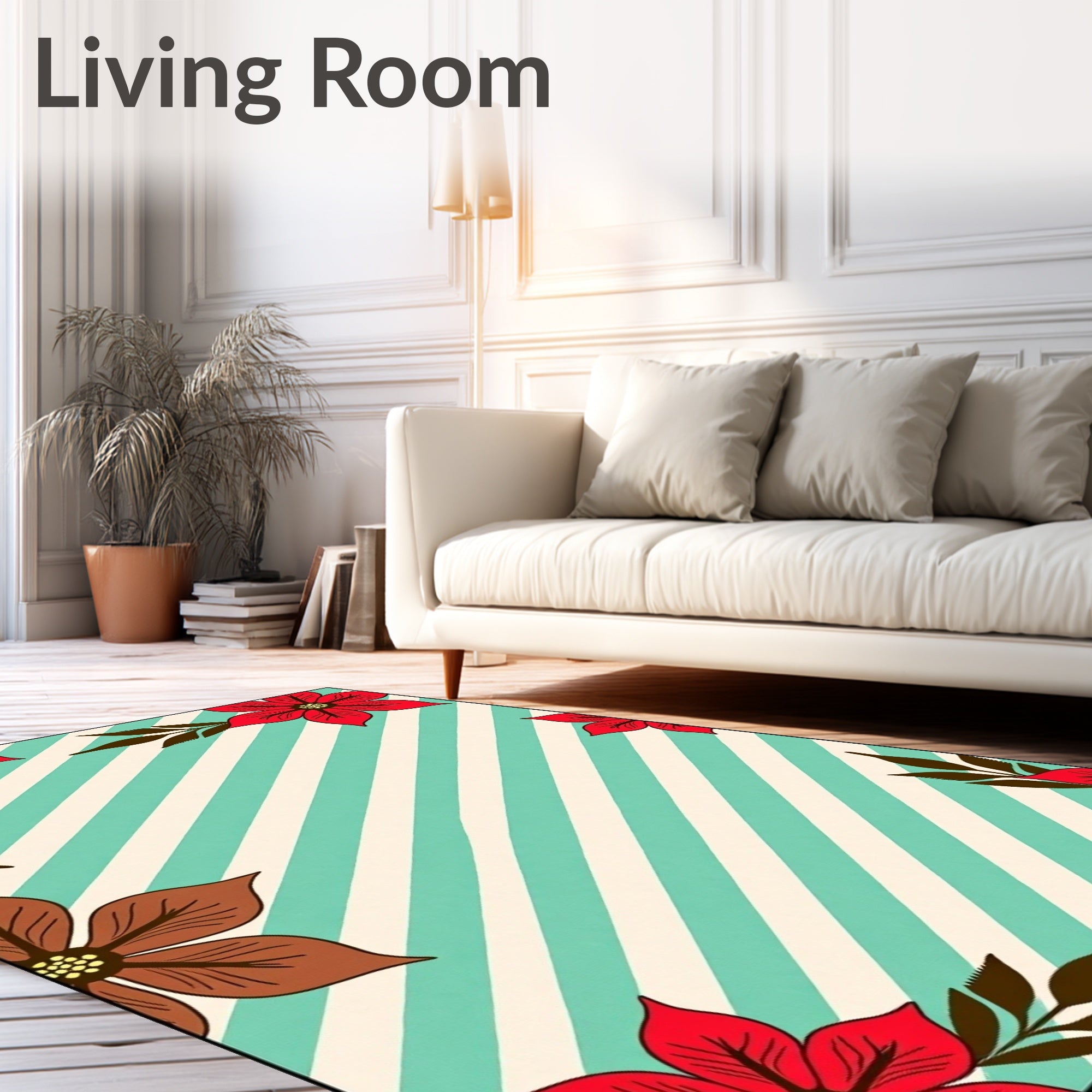 Striped Aqua Floral Border Rug
