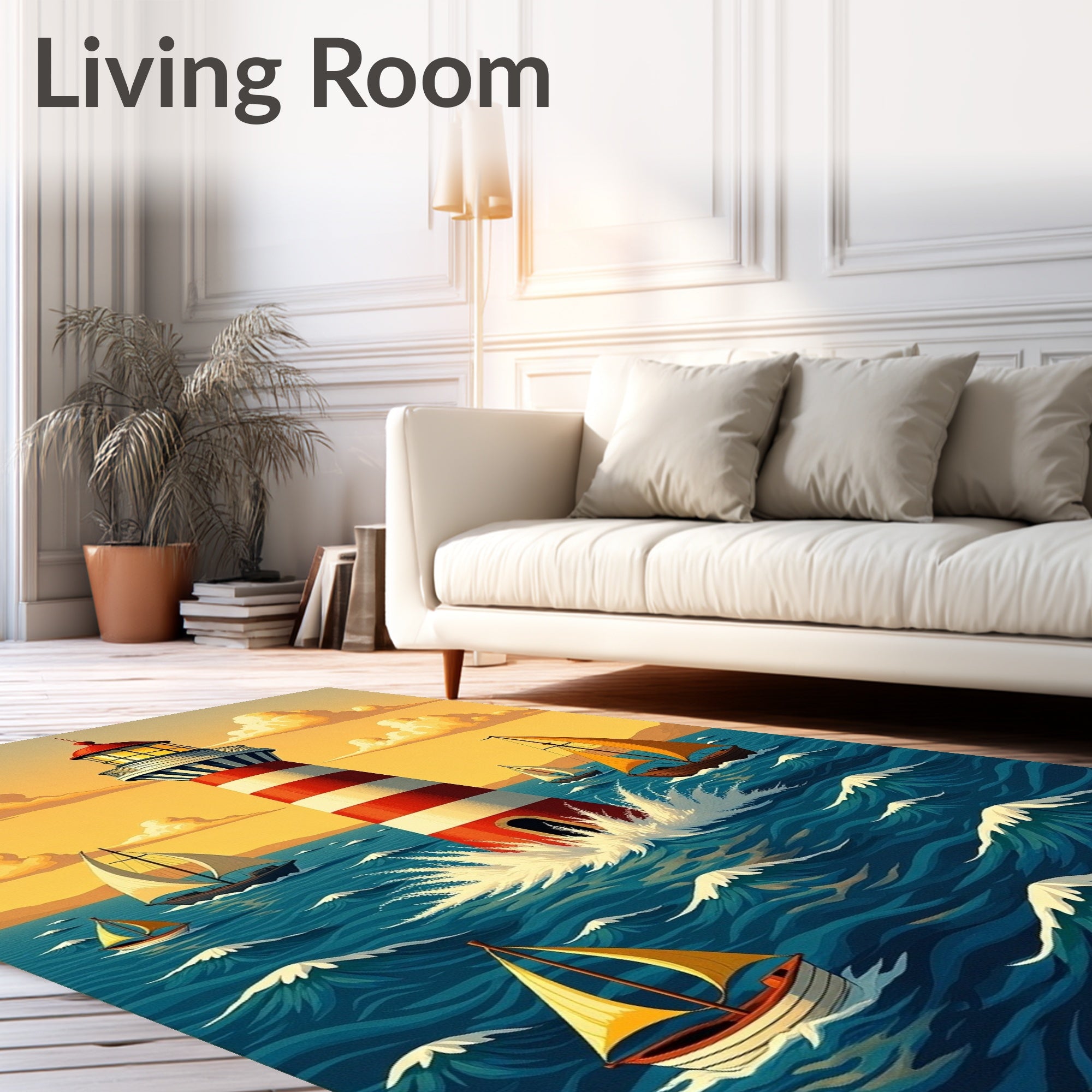 Coastal Lighthouse Sailboat Wave Scene Rug