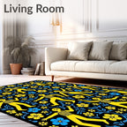 Yellow Figures Blue Yellow Floral Black Rug
