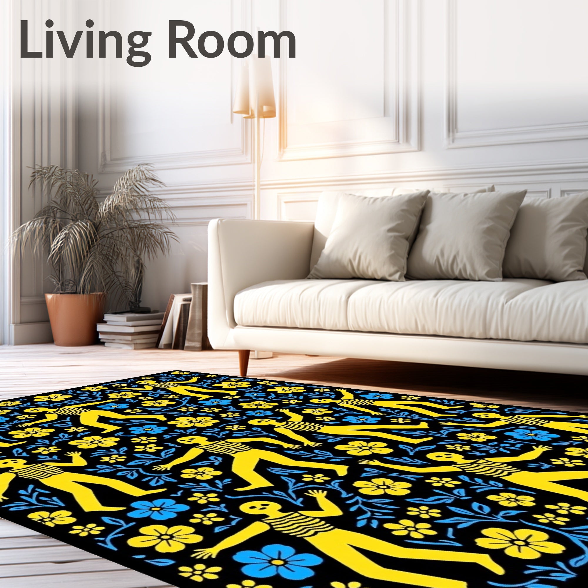 Yellow Figures Blue Yellow Floral Black Rug