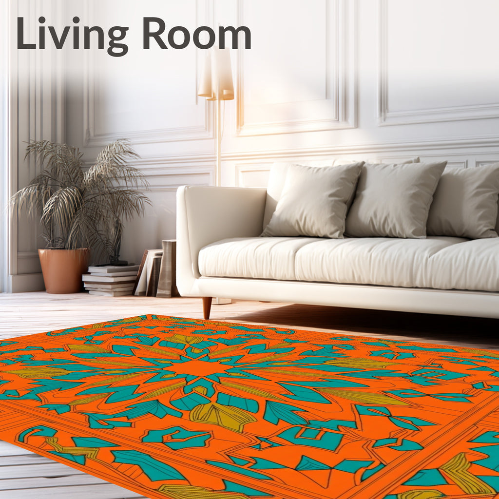 Vibrant Teal Orange Geometric Starburst Rug