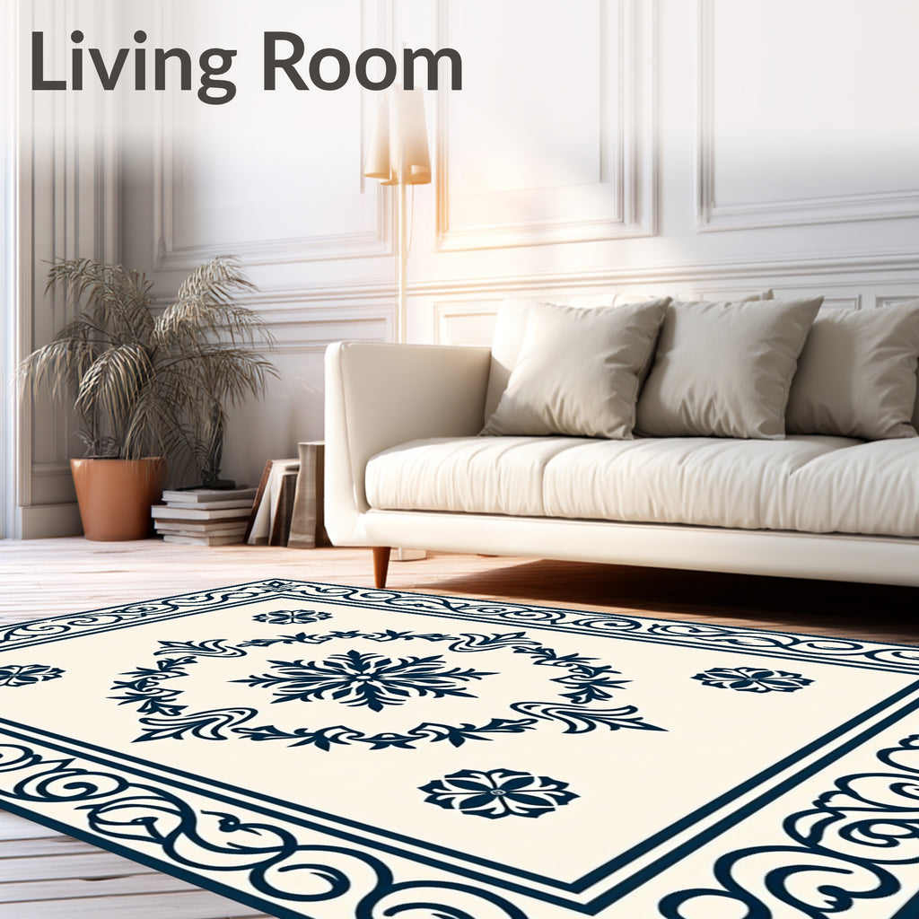 Navy Blue Floral Border Medallion Rug