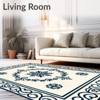 Navy Blue Floral Border Medallion Rug