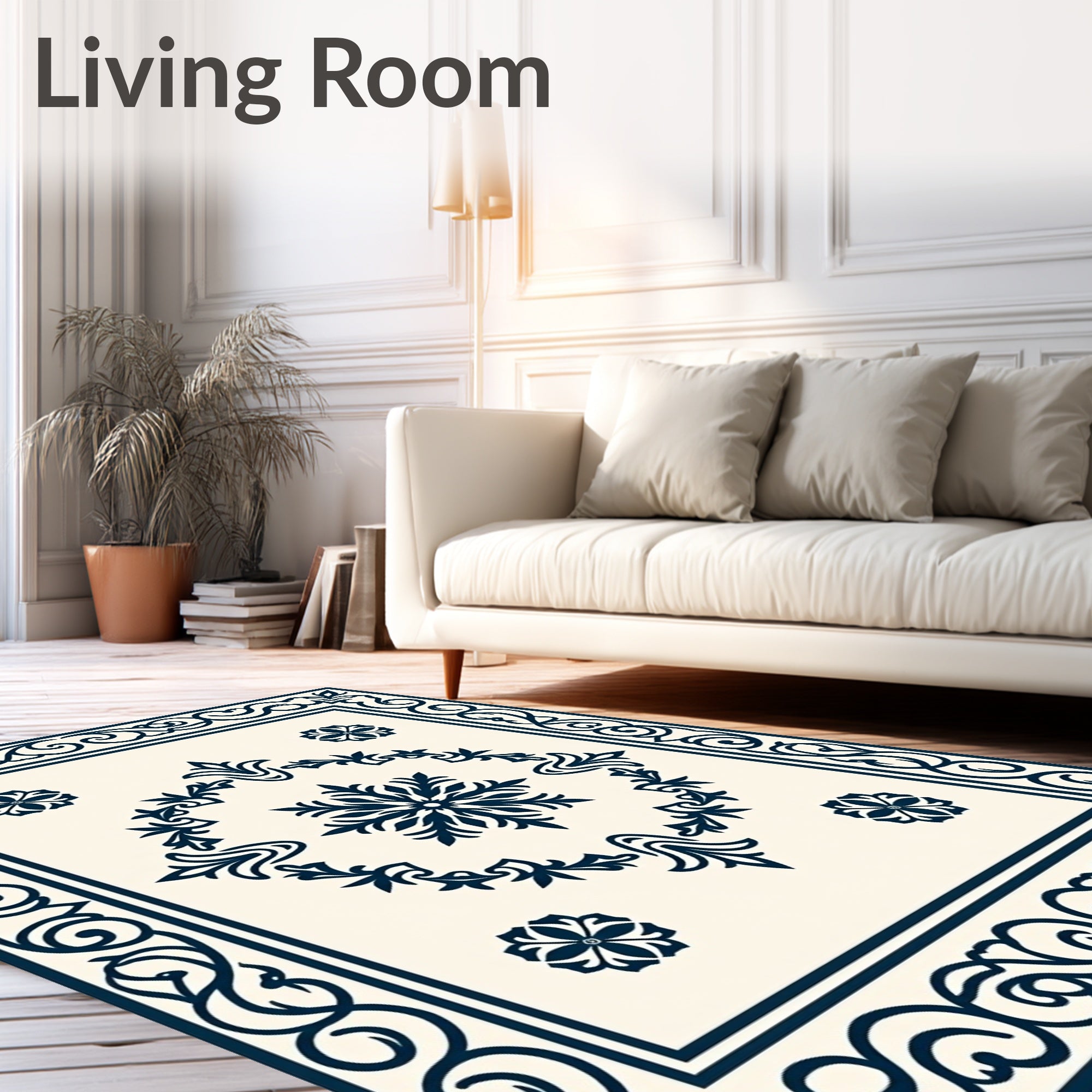 Navy Blue Floral Border Medallion Rug
