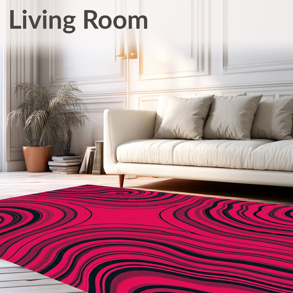 Vibrant Pink Black Swirl Lines Rug