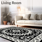 Black White Floral Medallion Border Rug