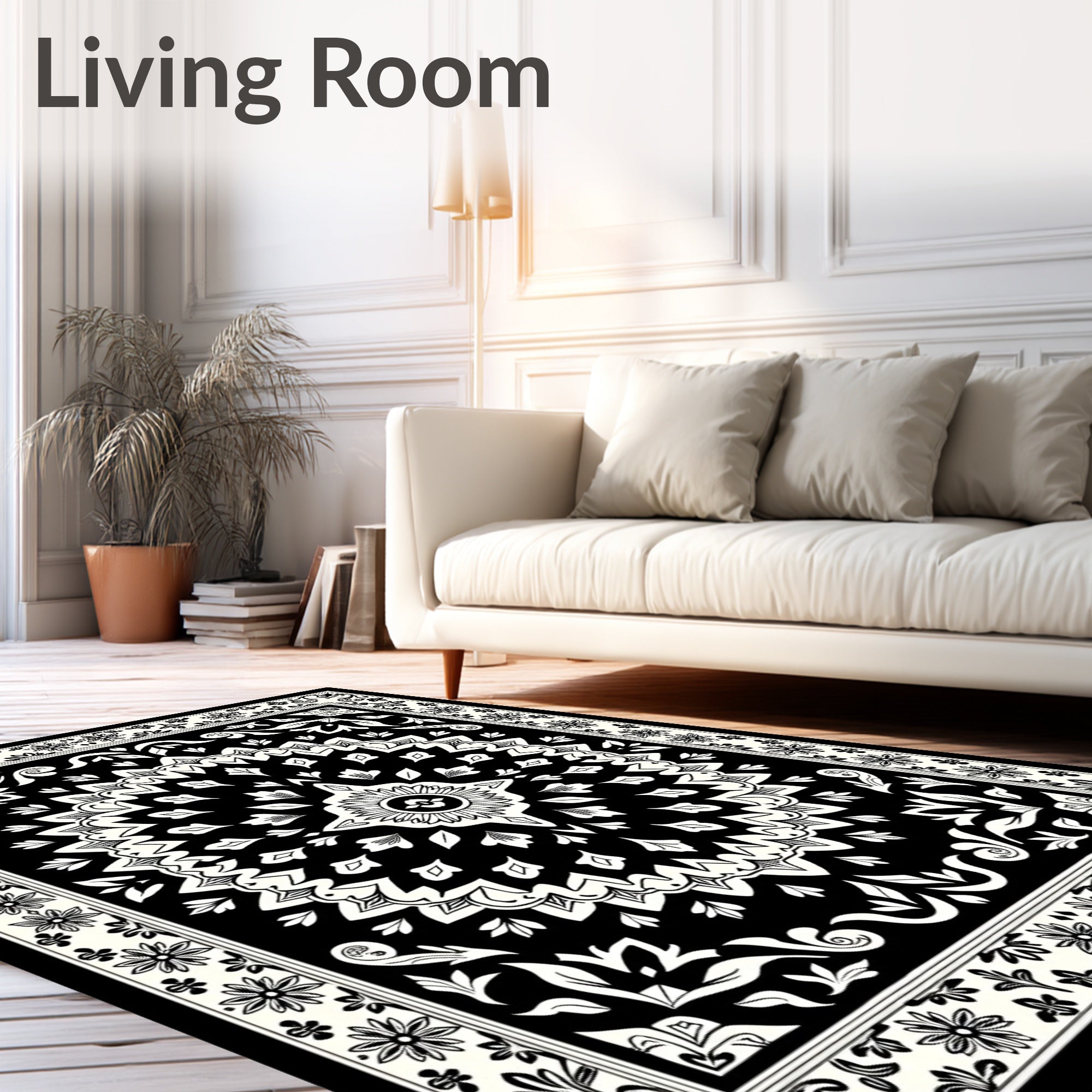 Black White Floral Medallion Border Rug