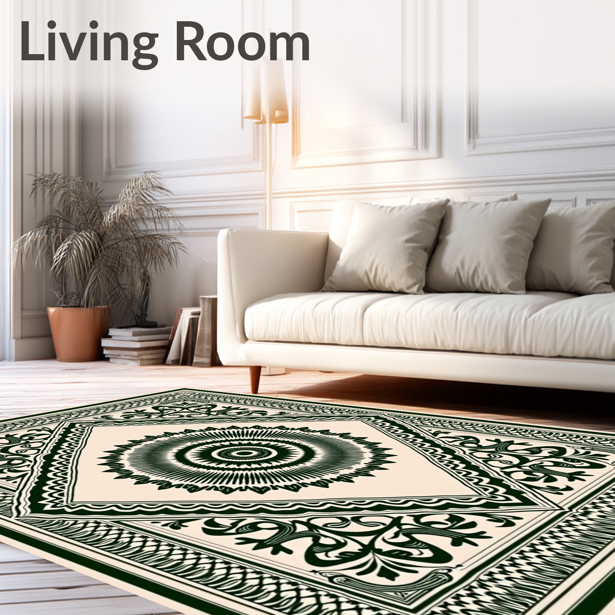 Dark Green Sunburst Mandala Ivory Rug