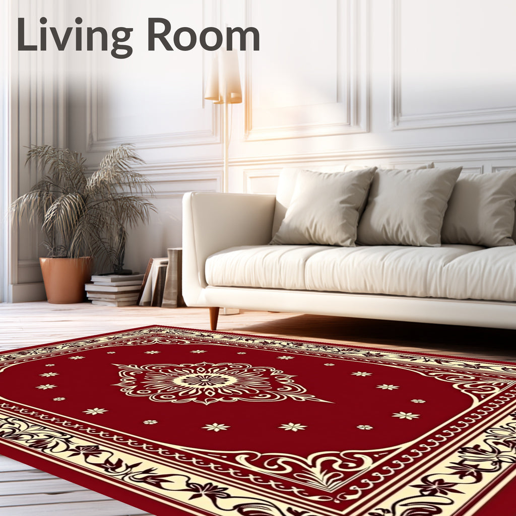 Ornate Red Floral Medallion Border Rug