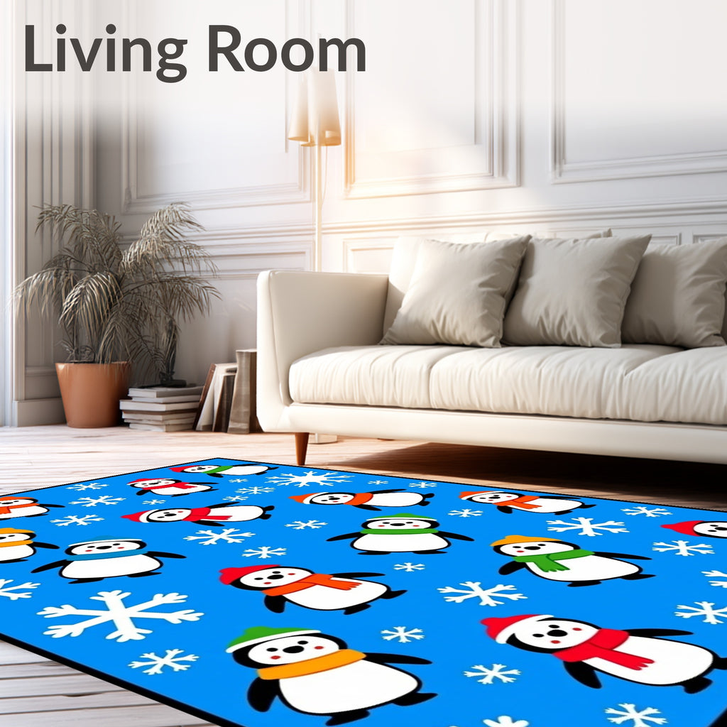 Whimsical Penguin Snowflakes Blue Rug