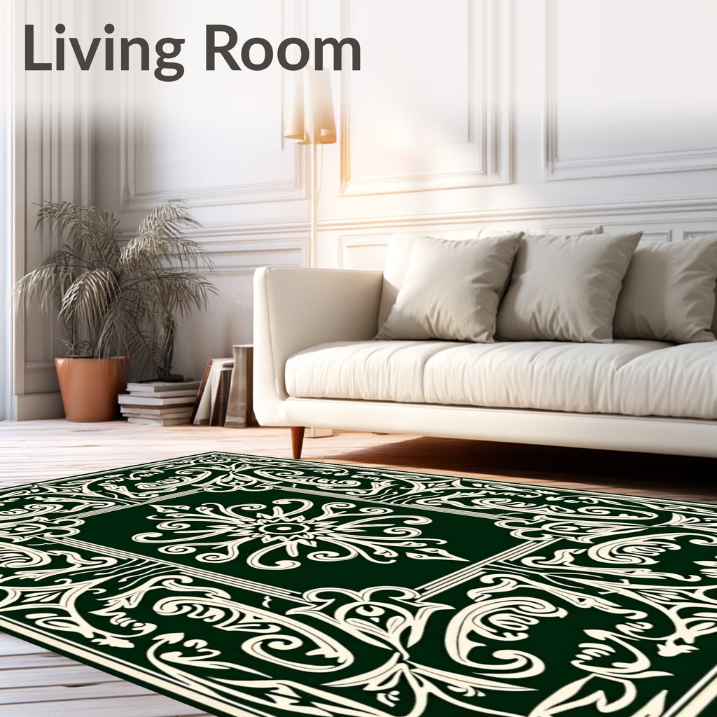 Dark Green Ivory Scrollwork Floral Rug