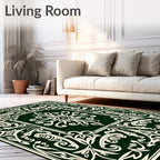 Dark Green Ivory Scrollwork Floral Rug