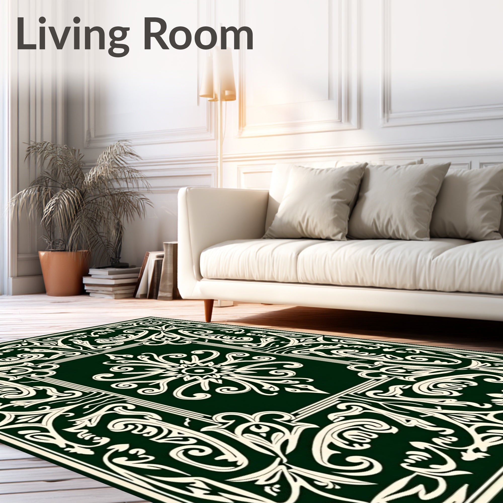 Dark Green Ivory Scrollwork Floral Rug