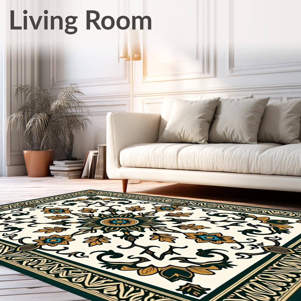 Deep Teal Golden Floral Medallion Rug
