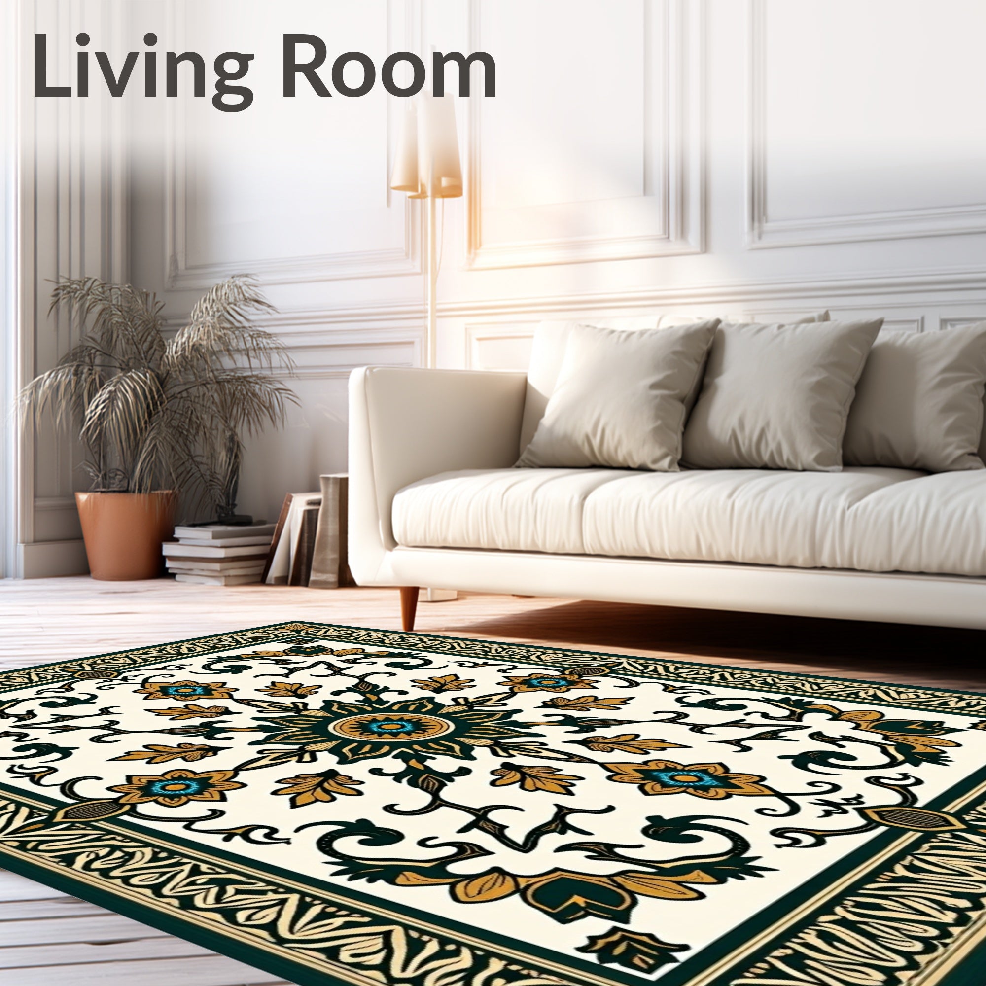 Deep Teal Golden Floral Medallion Rug