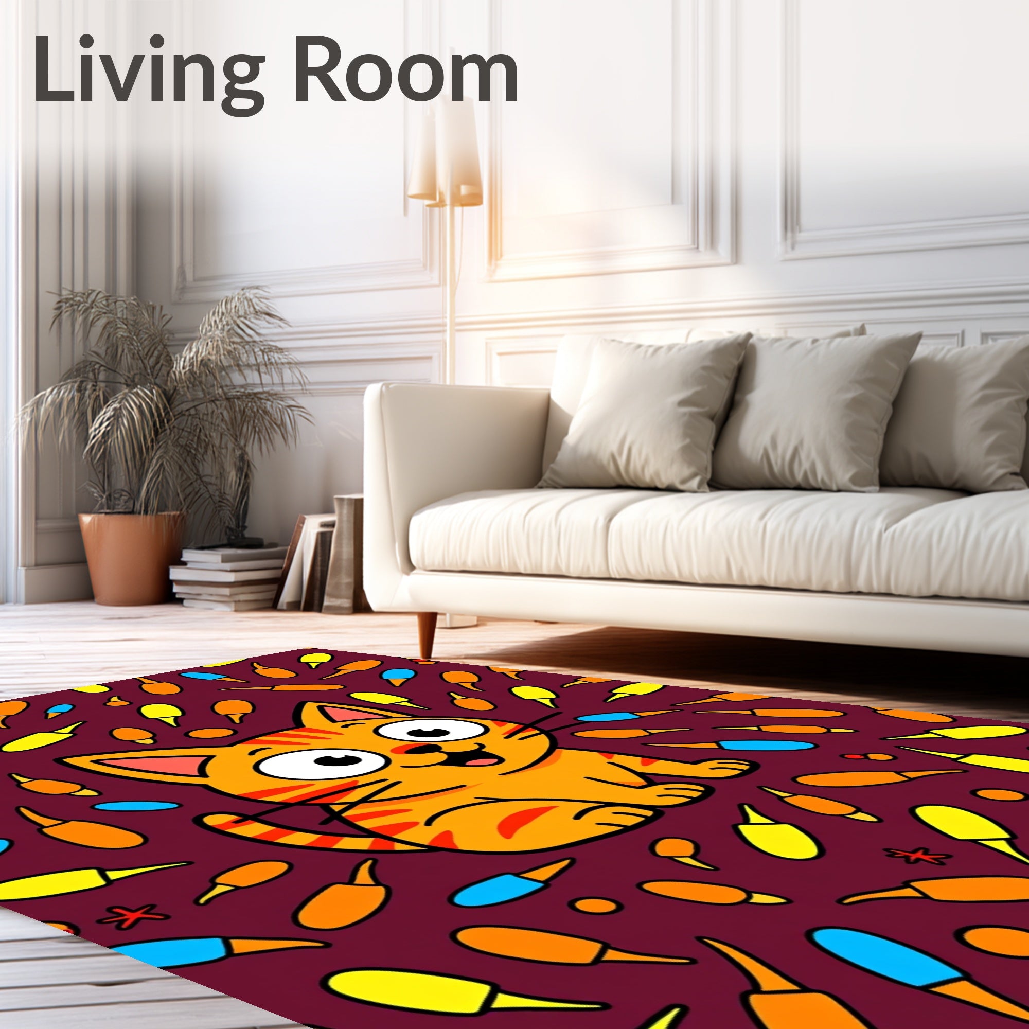 Cute Orange Cat Surrounded by Colorful Shapes Rug