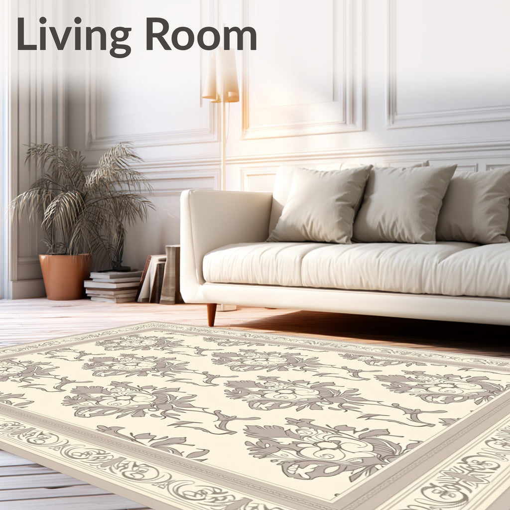 Neutral Beige Floral Scrollwork Border Rug