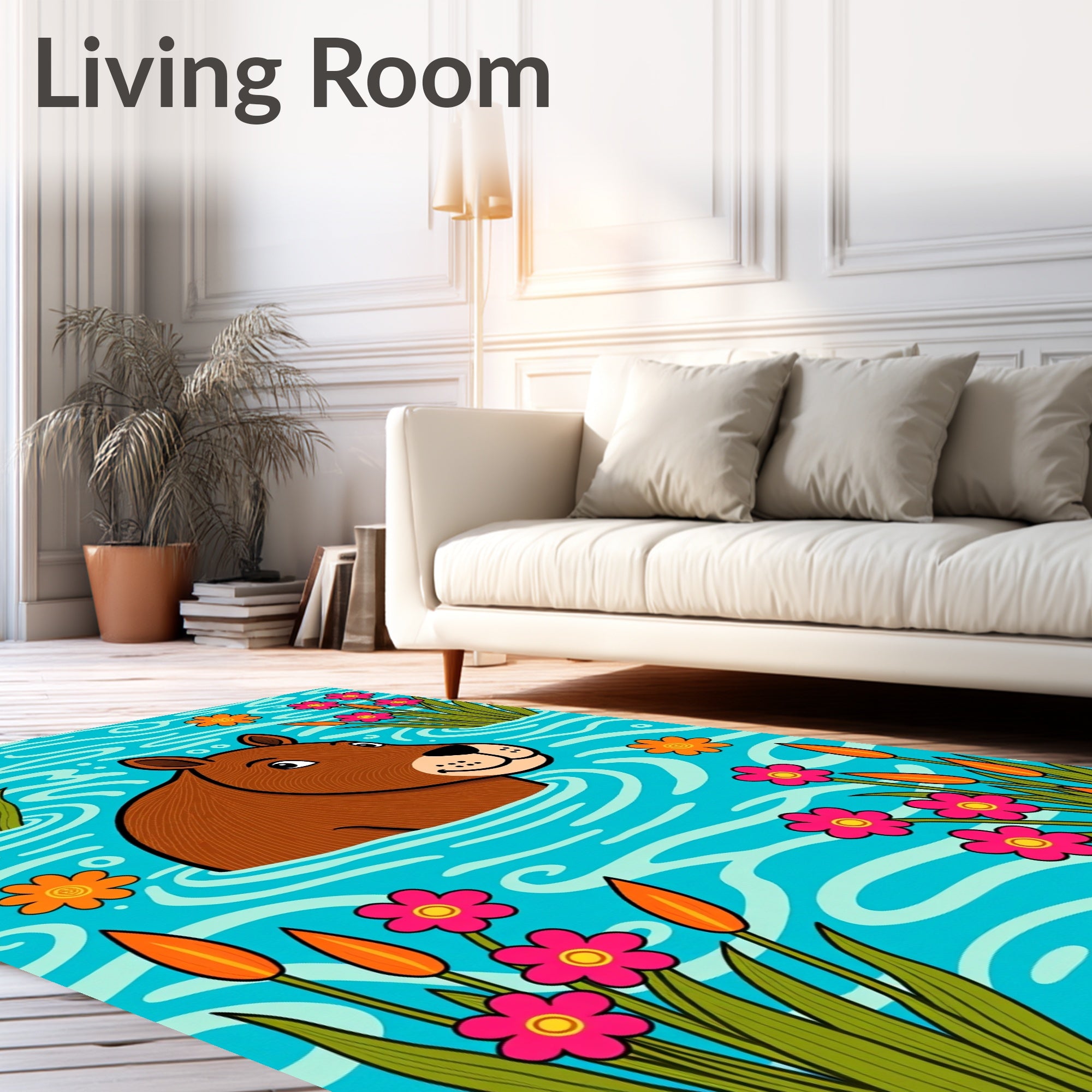 Brown Capybara Amongst Pink Flowers Water Rug