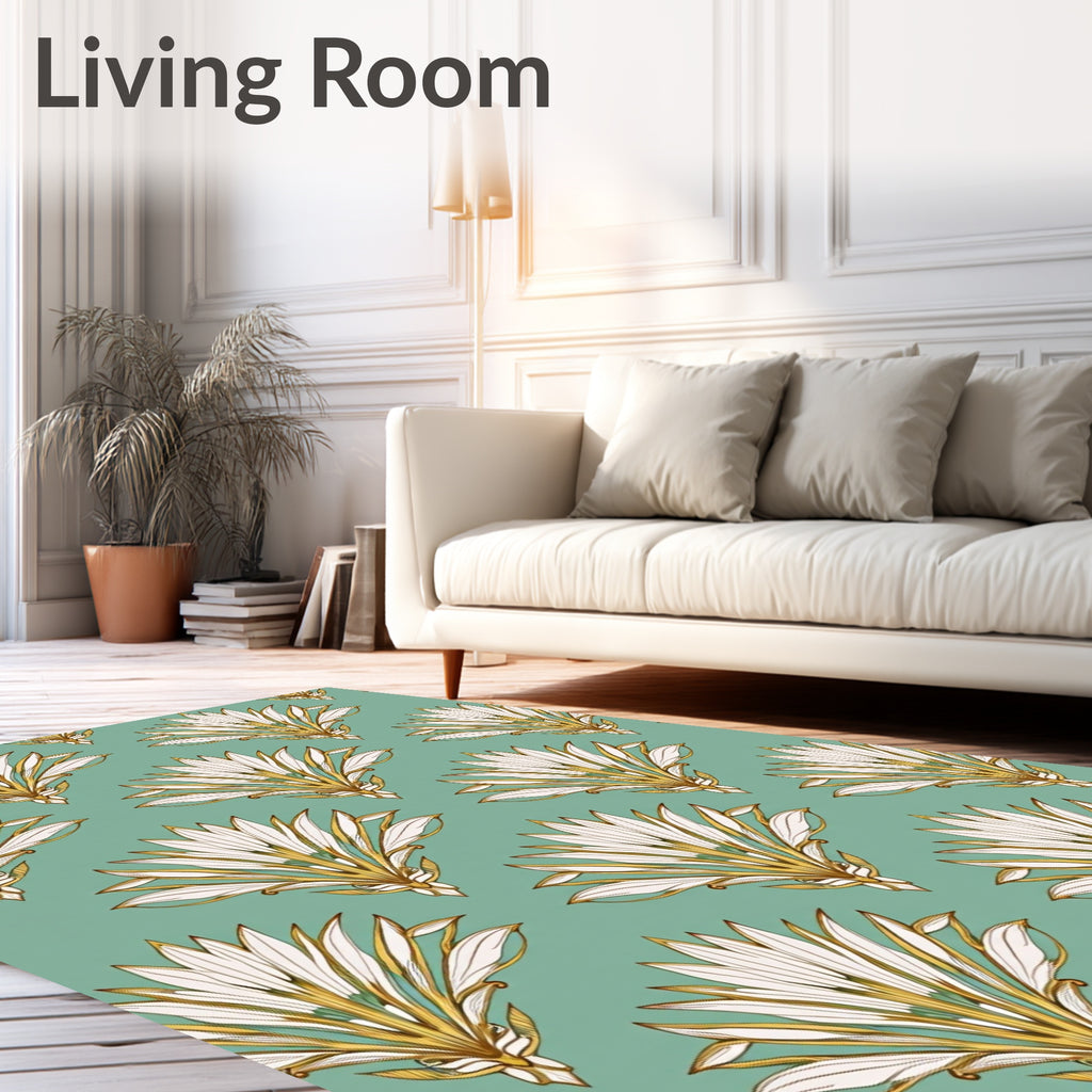 Art Deco Teal White Golden Fan Rug