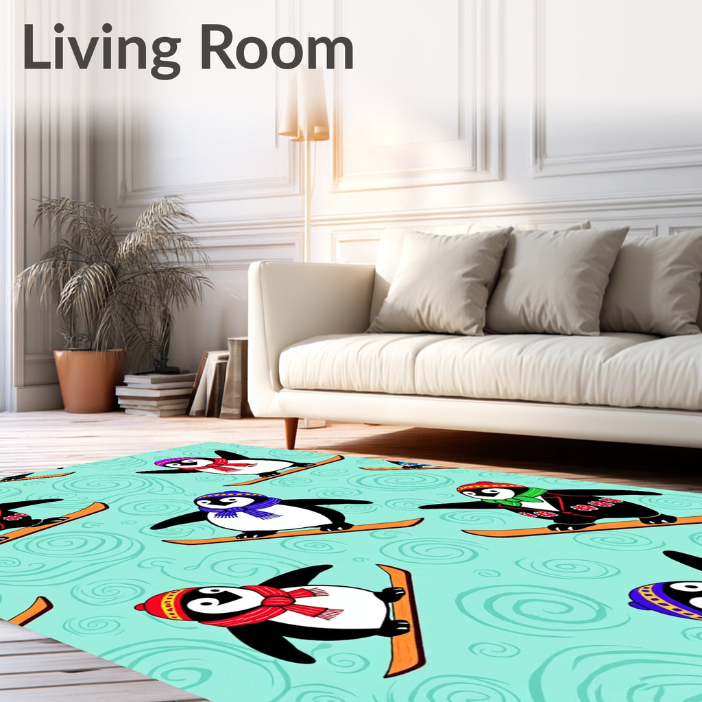Skiing Penguins with Swirling Snow Background Rug