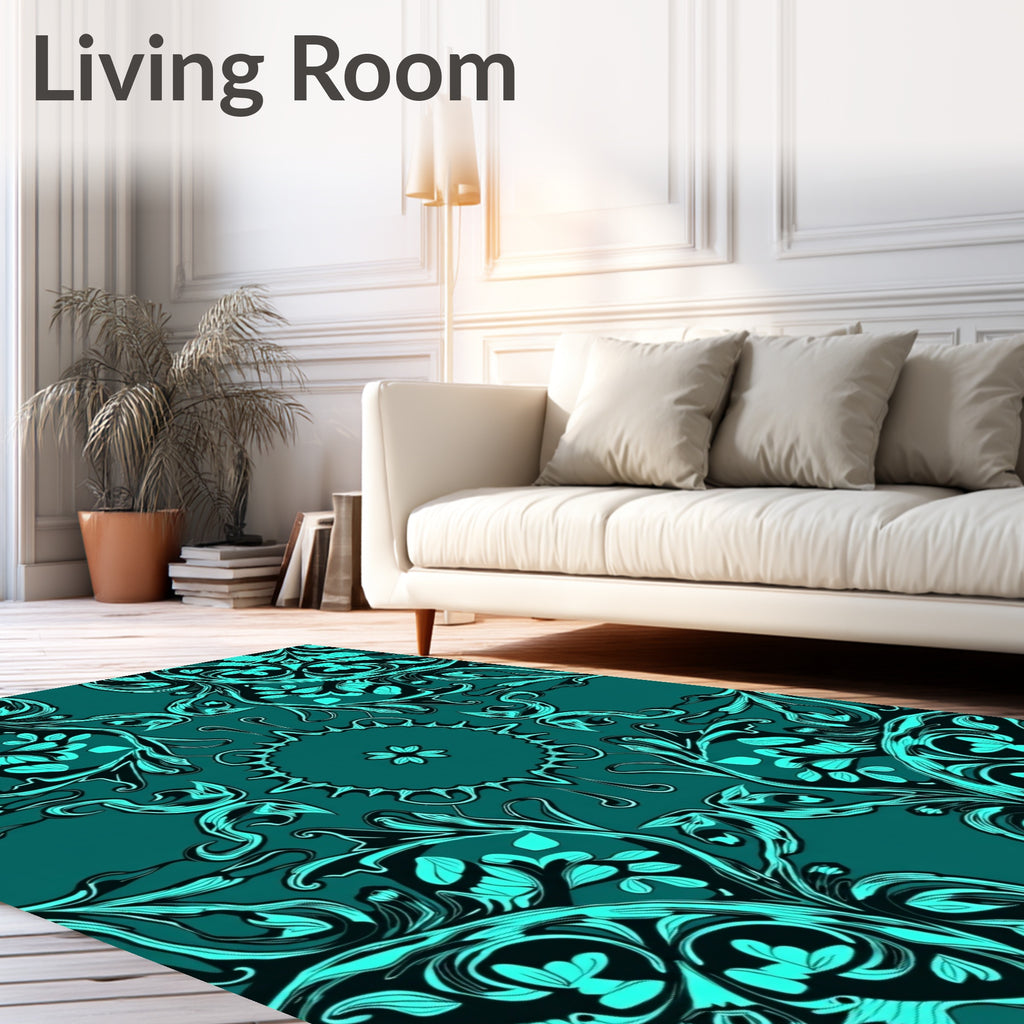 Teal Abstract Floral Mandala Rug