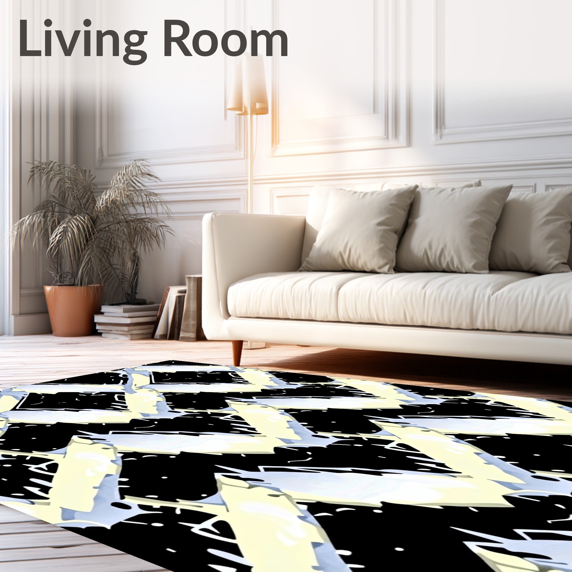 Abstract Black White Yellow Interlocking Shapes Rug