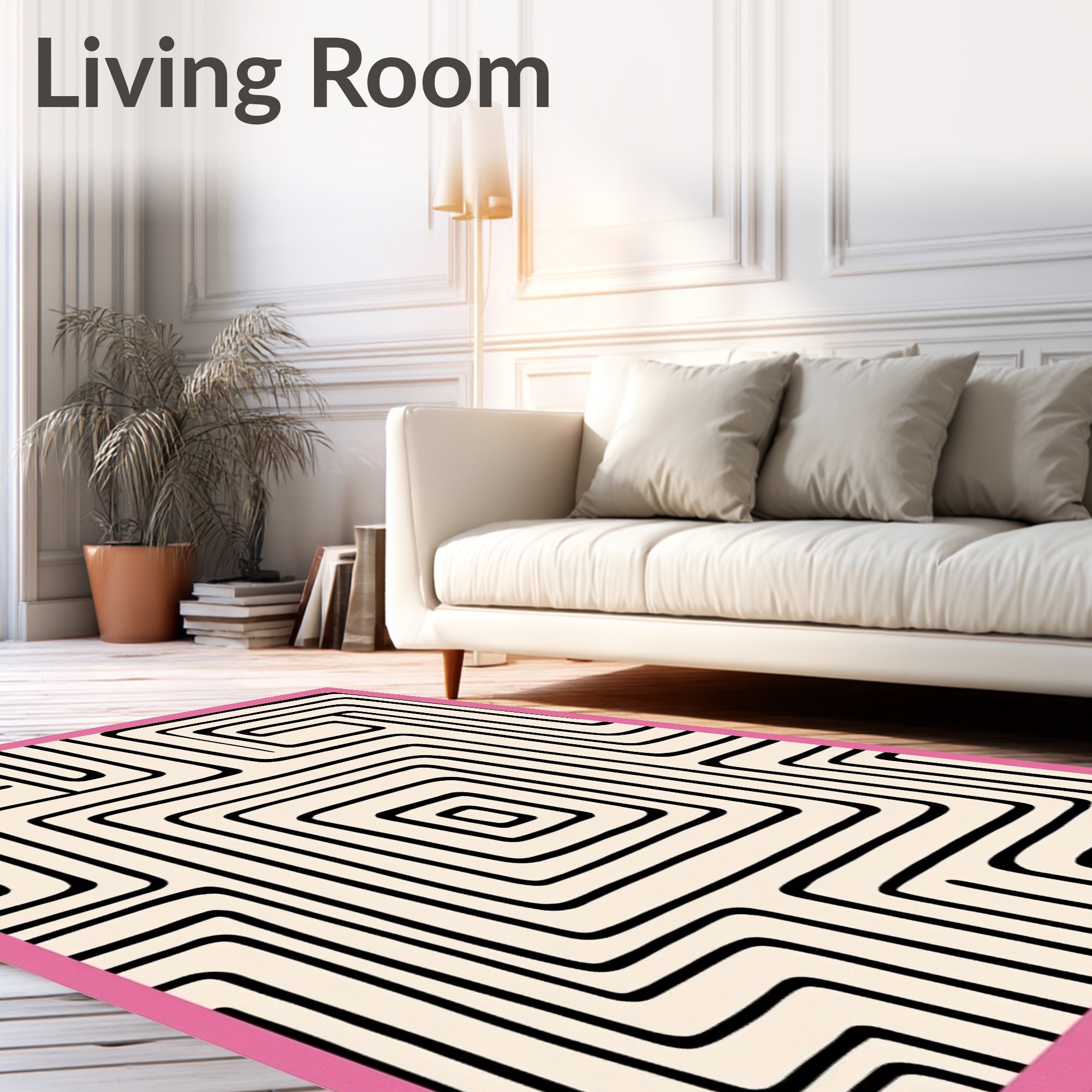 Abstract Black Cream Maze Lines Rug