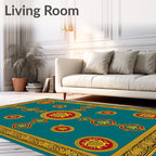 Teal Red Yellow Medallion Border Accents Rug