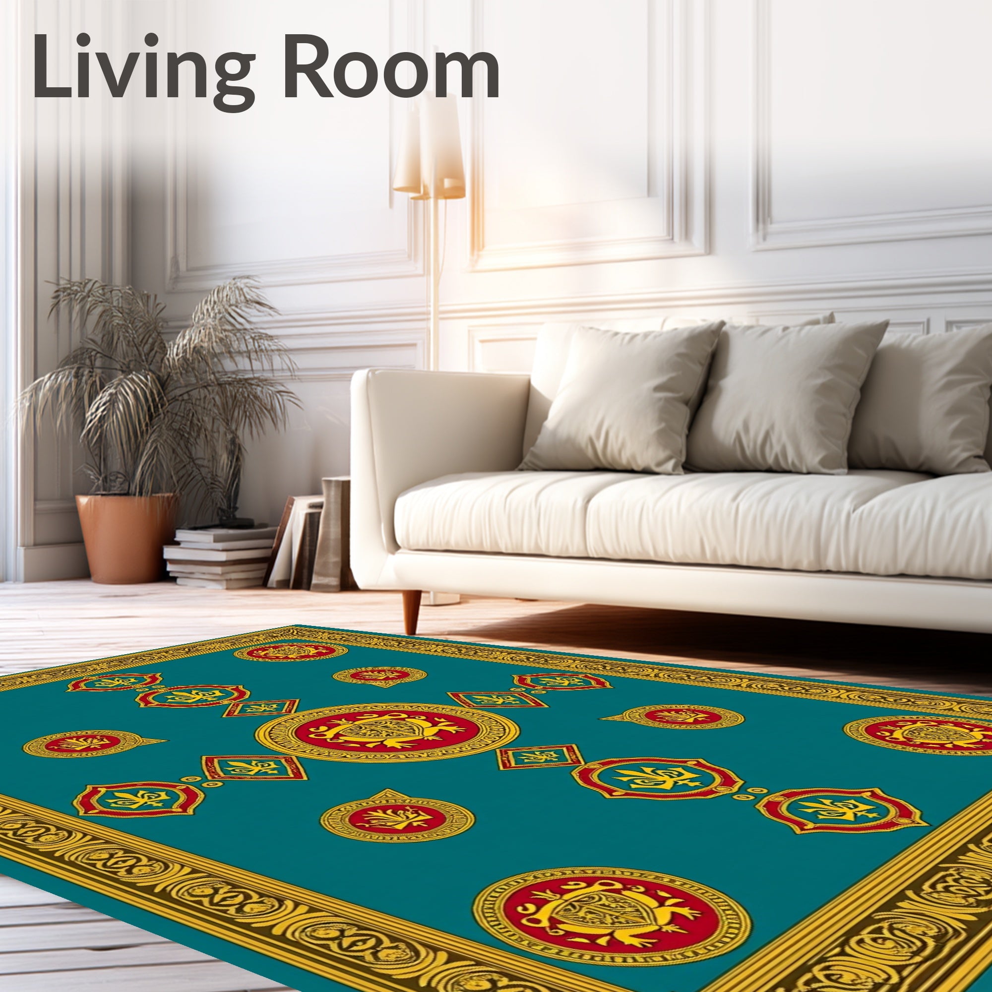 Teal Red Yellow Medallion Border Accents Rug