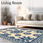 Navy Blue Floral Medallion Border Runner Rug