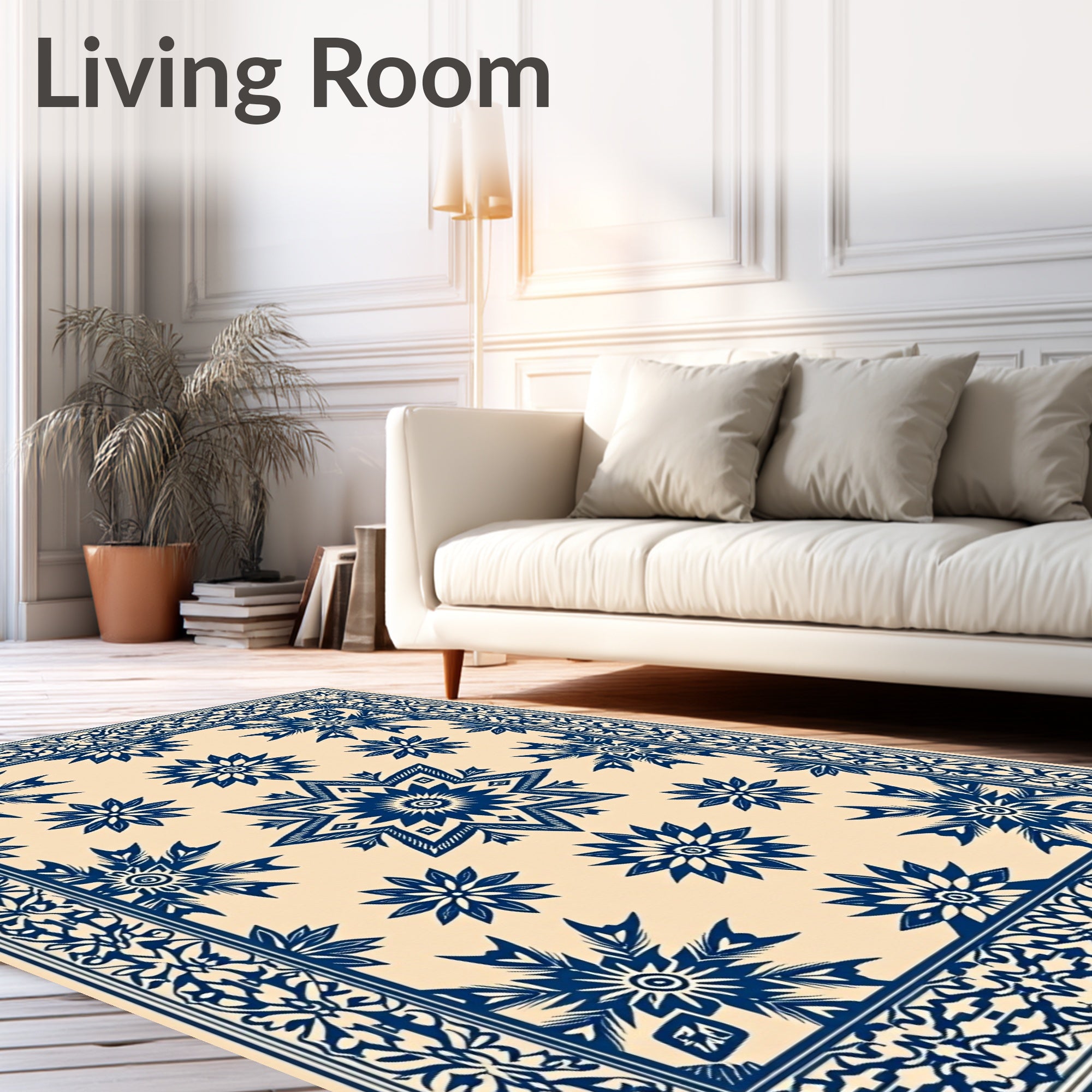 Navy Blue Floral Medallion Border Runner Rug