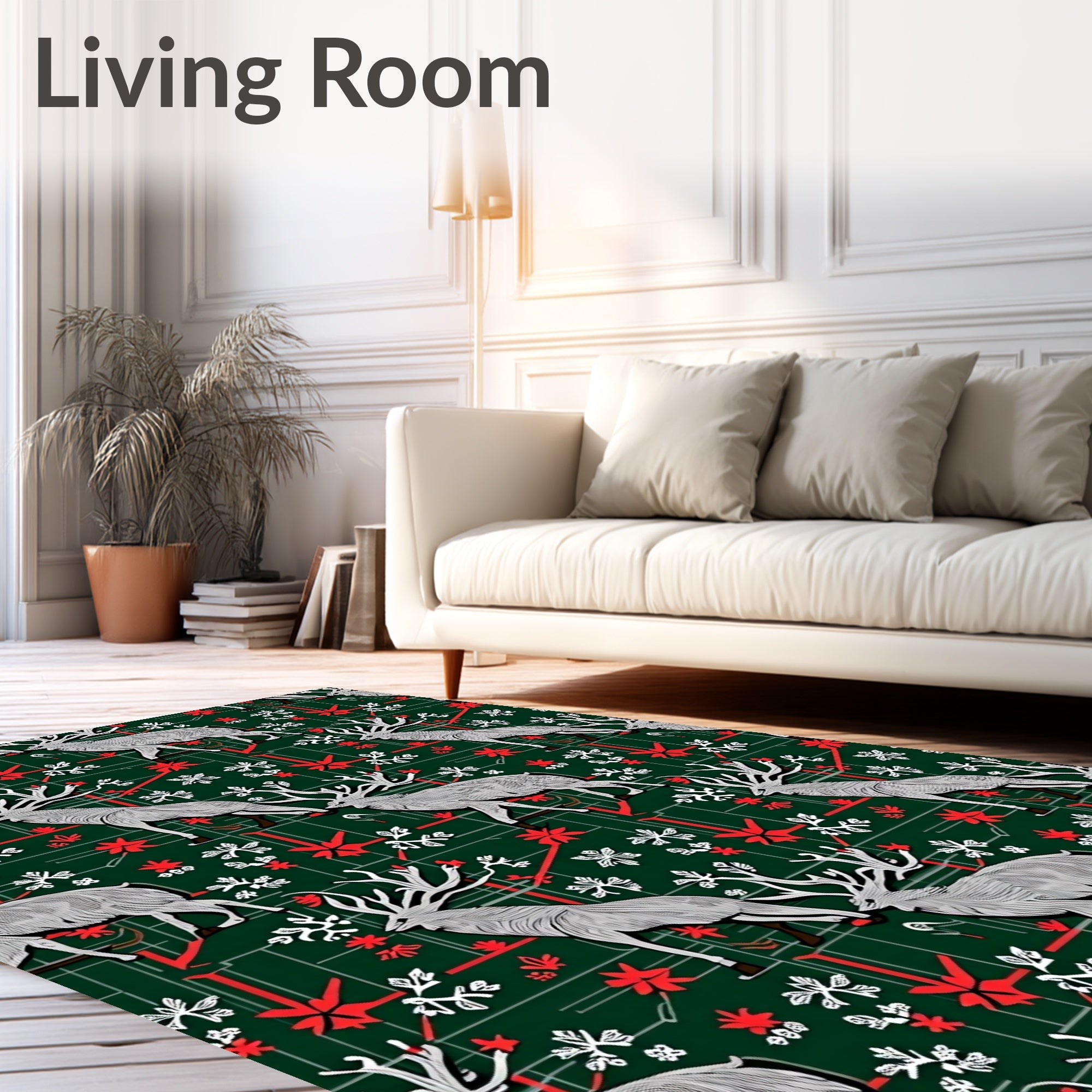 Forest Green Stag Snowflakes Red Accent Rug