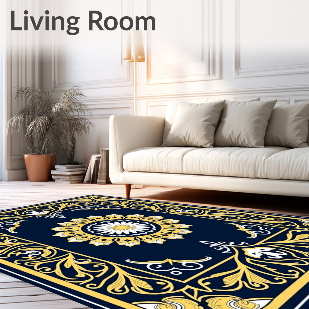 Deep Blue Floral Medallion Border Rug