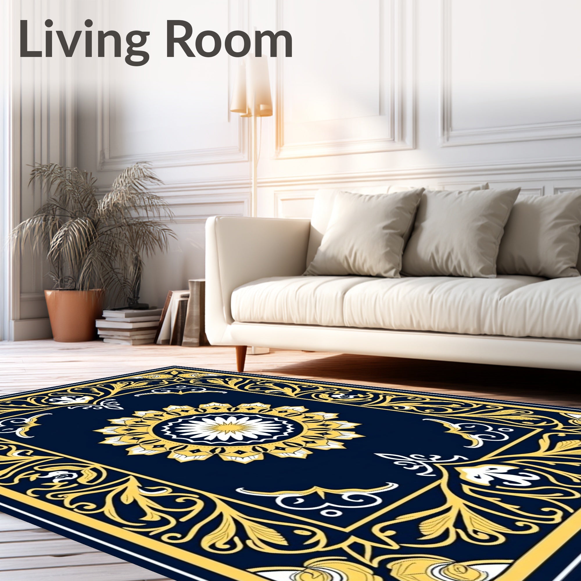 Deep Blue Floral Medallion Border Rug