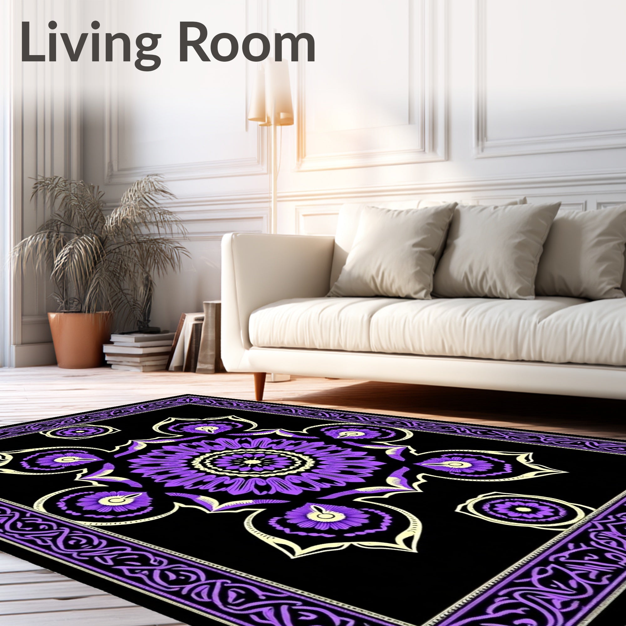 Purple Violet Floral Mandala Border Rug