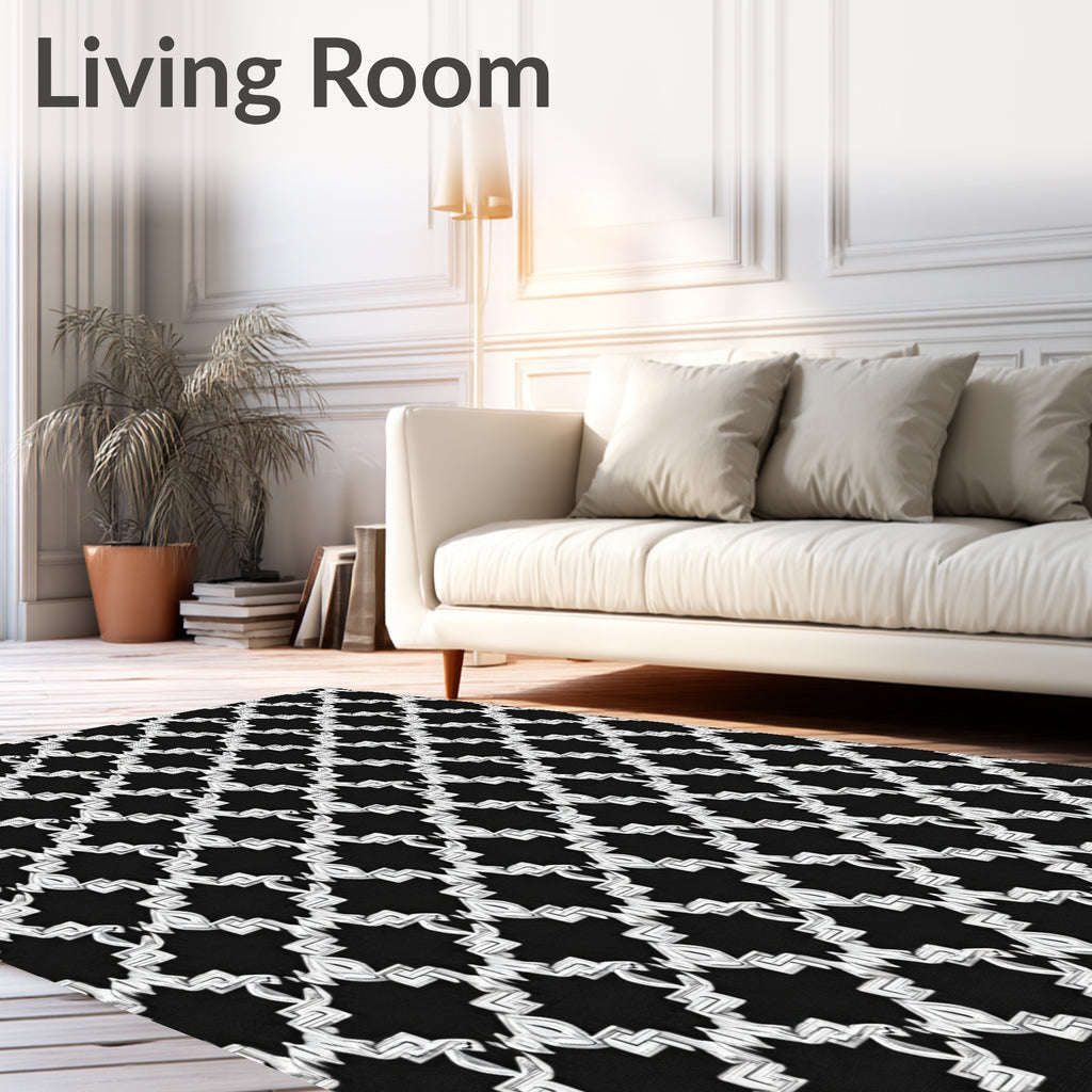 Black White Geometric Interlocking Shape Rug