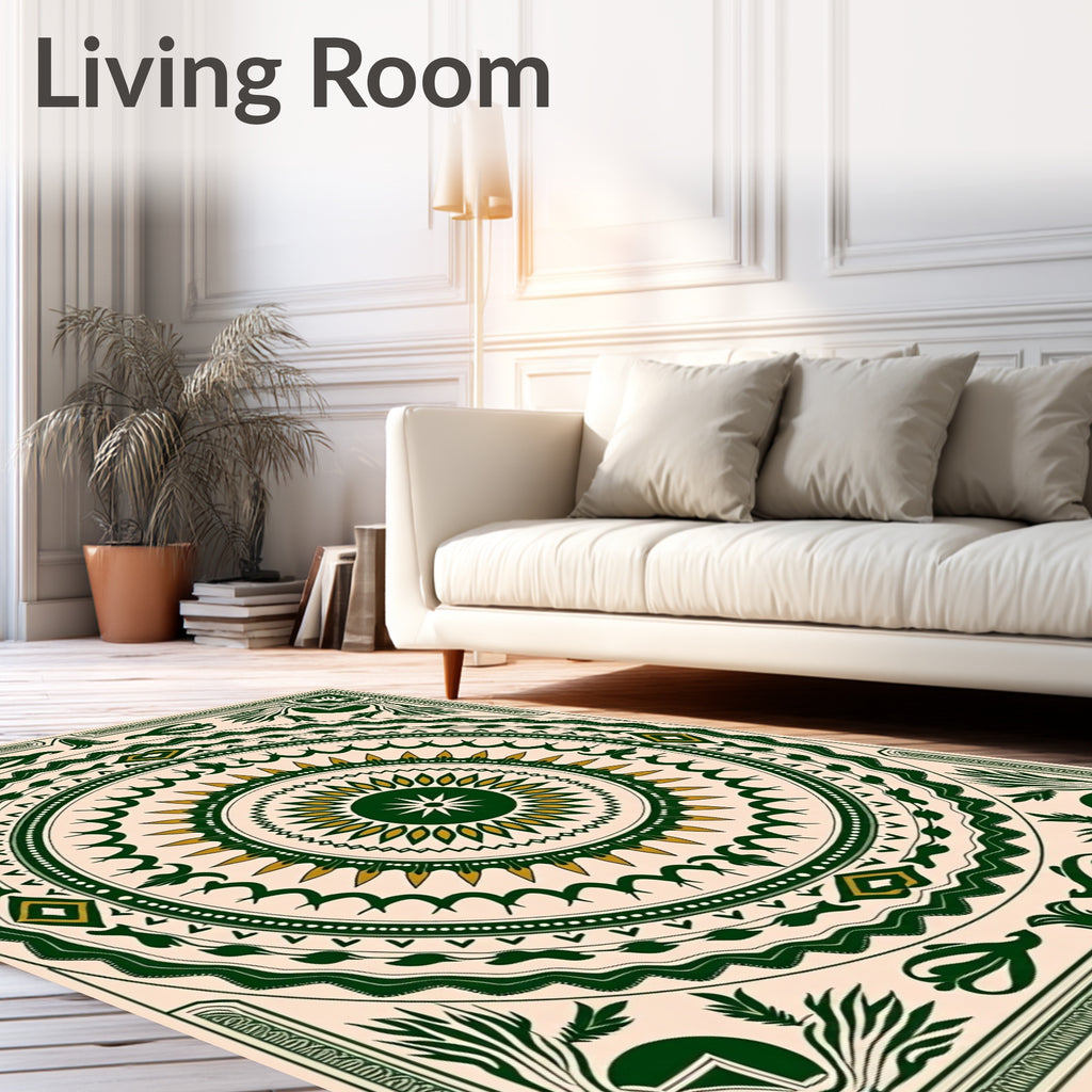 Forest Green Golden Sunburst Mandala Rug