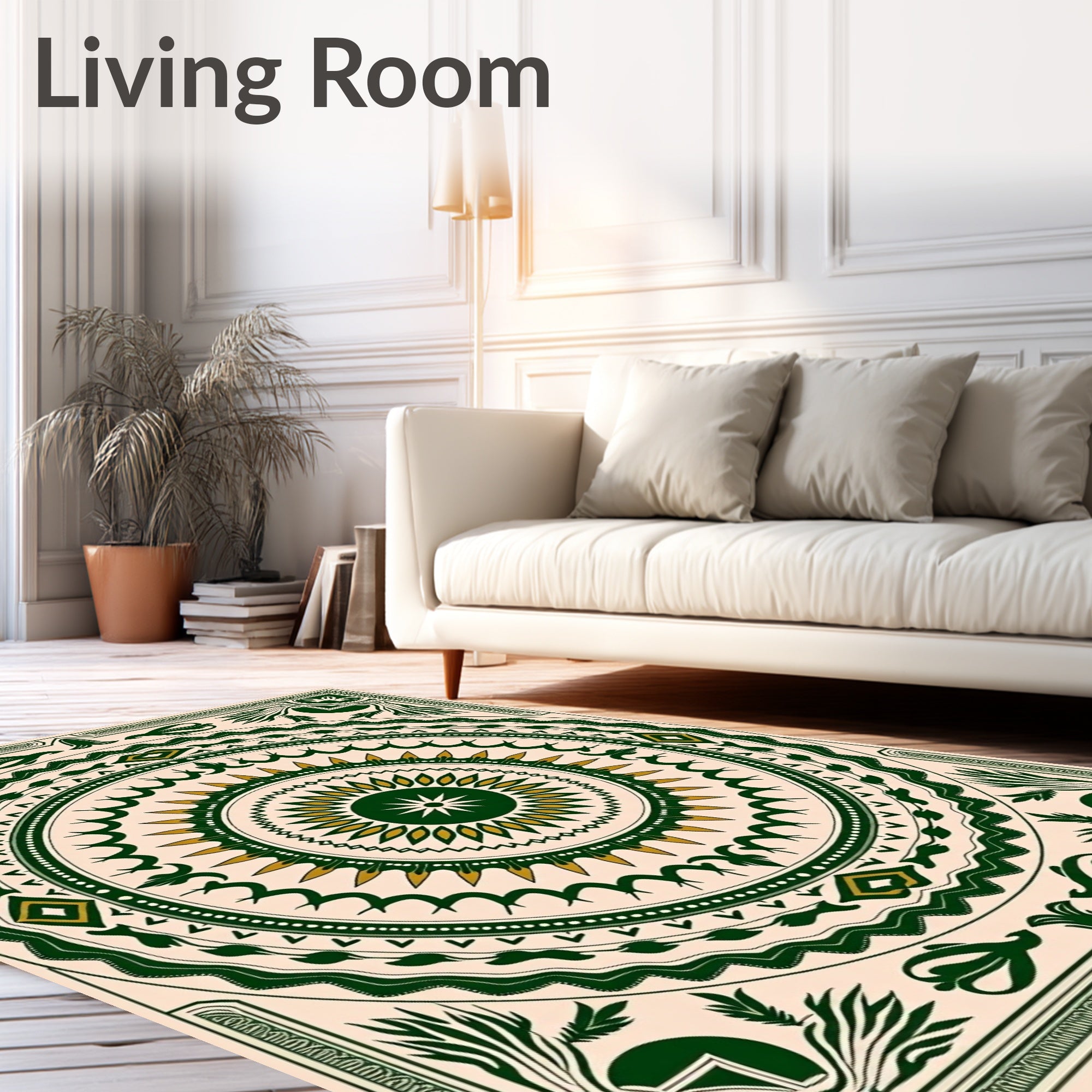 Forest Green Golden Sunburst Mandala Rug