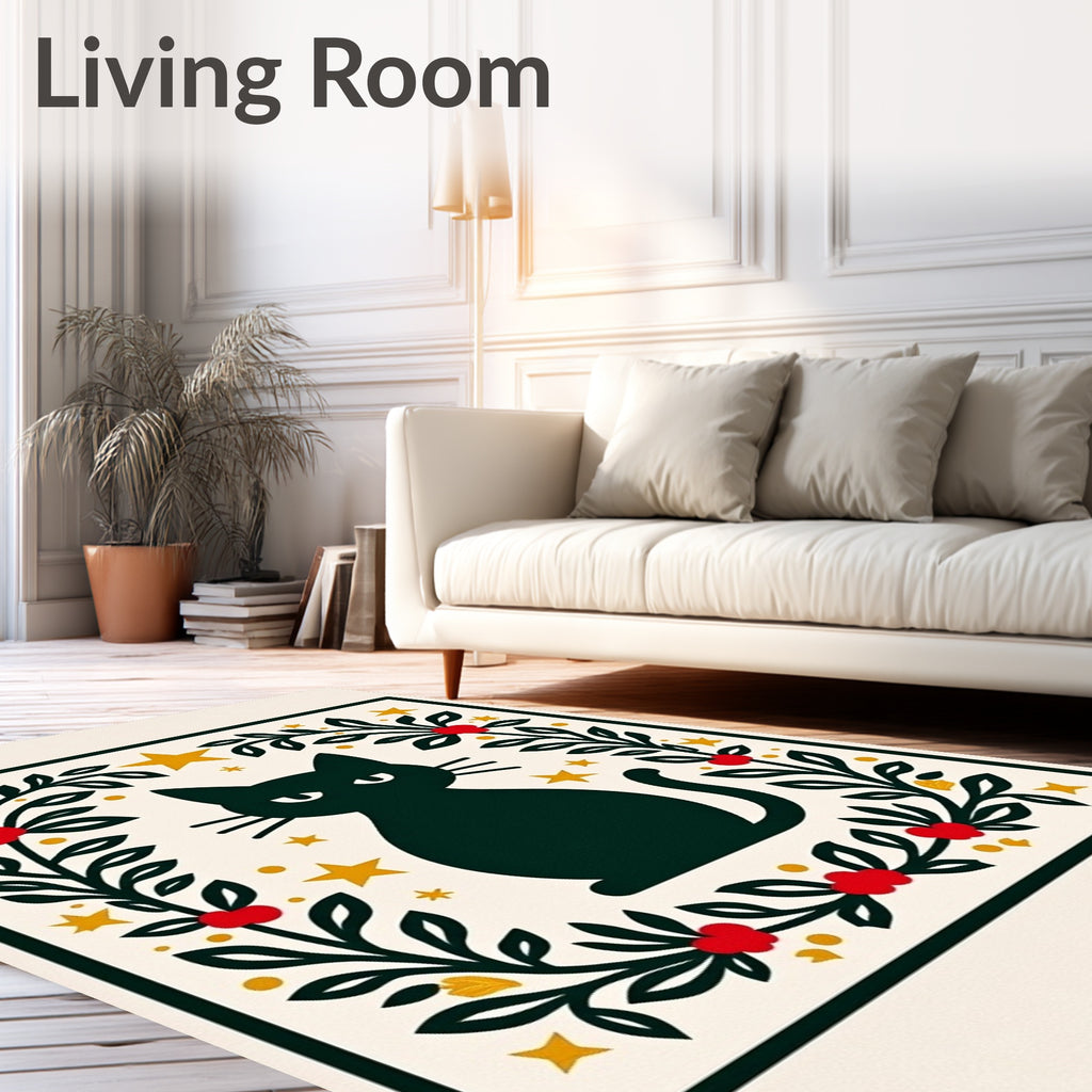 Black Cat Stars Floral Wreath Rug