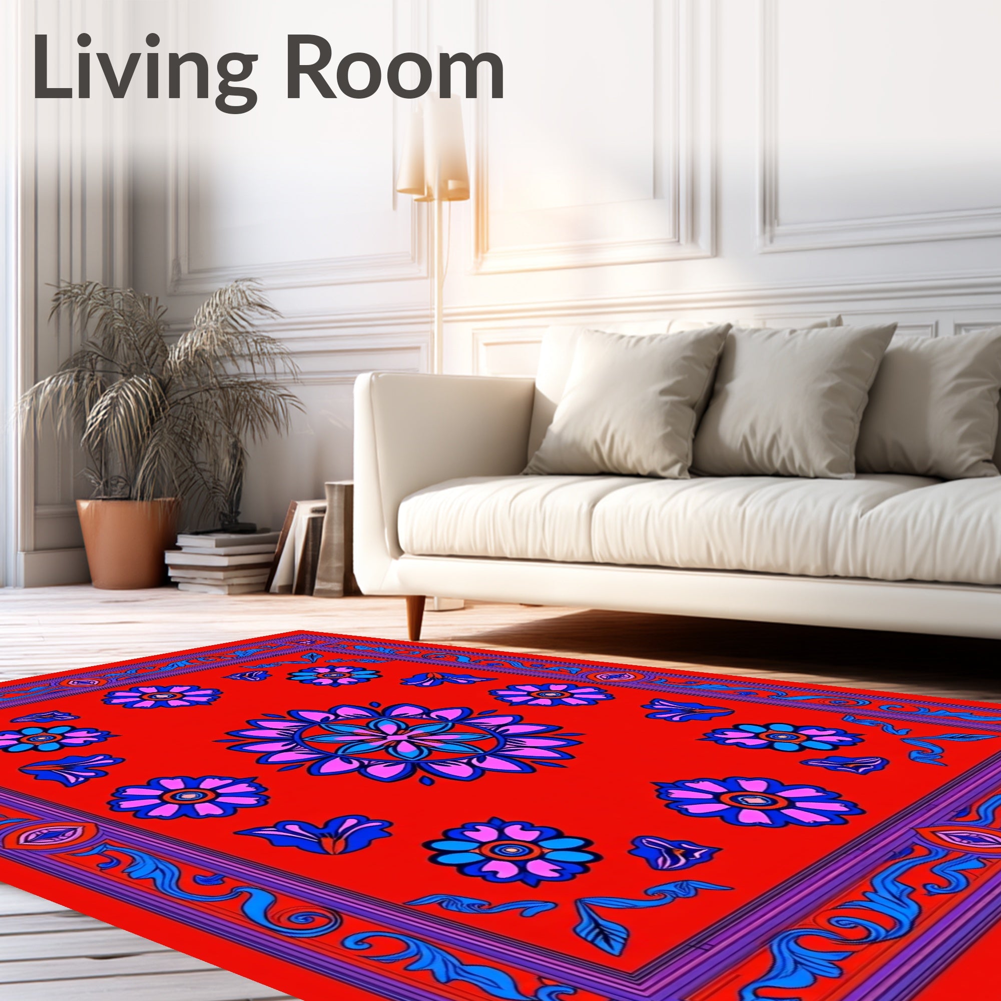 Red Blue Pink Floral Medallion Rug
