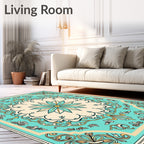 Turquoise Cream Floral Medallion Border Rug