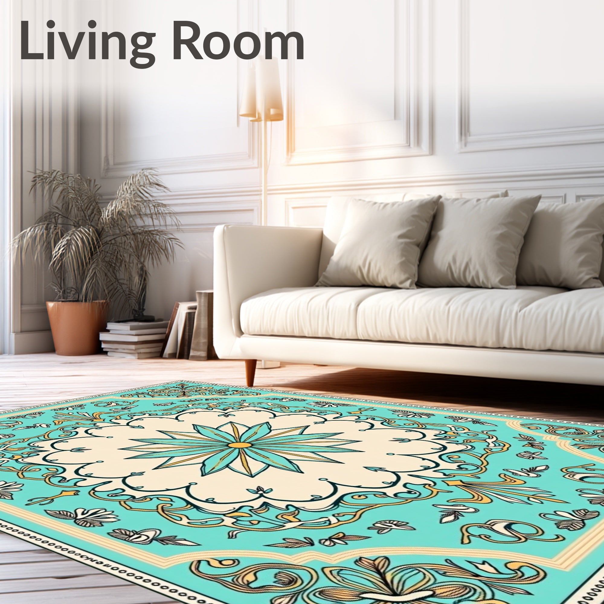 Turquoise Cream Floral Medallion Border Rug
